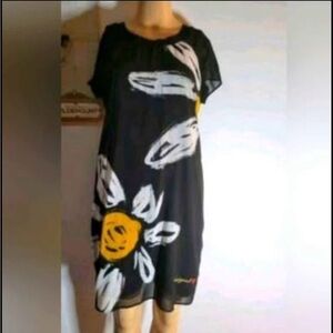 Desigual Black Midi Dress with White and Yellow Floral Design